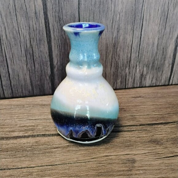Hand Crafted Other - Art Pottery Bud Vase, Blue Crystalline Glaze Signed Handmade Ceramic Gradient 5"